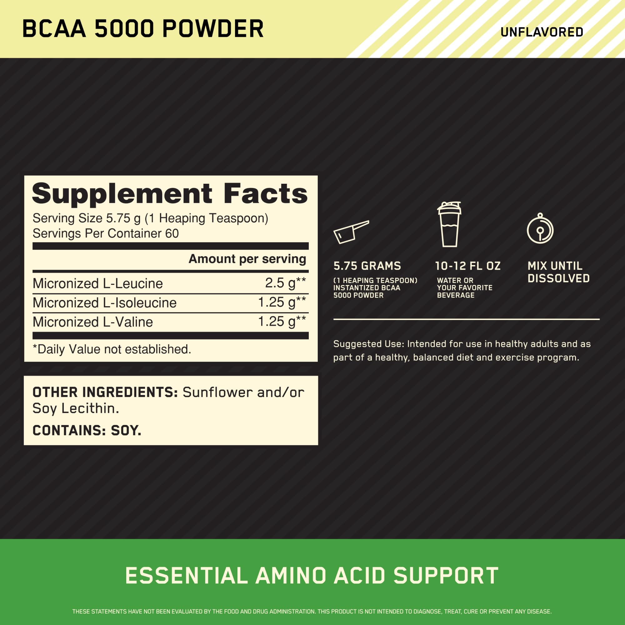 Optimum Nutrition BCAAs 60-serving container showing 2:1:1 ratio for muscle support