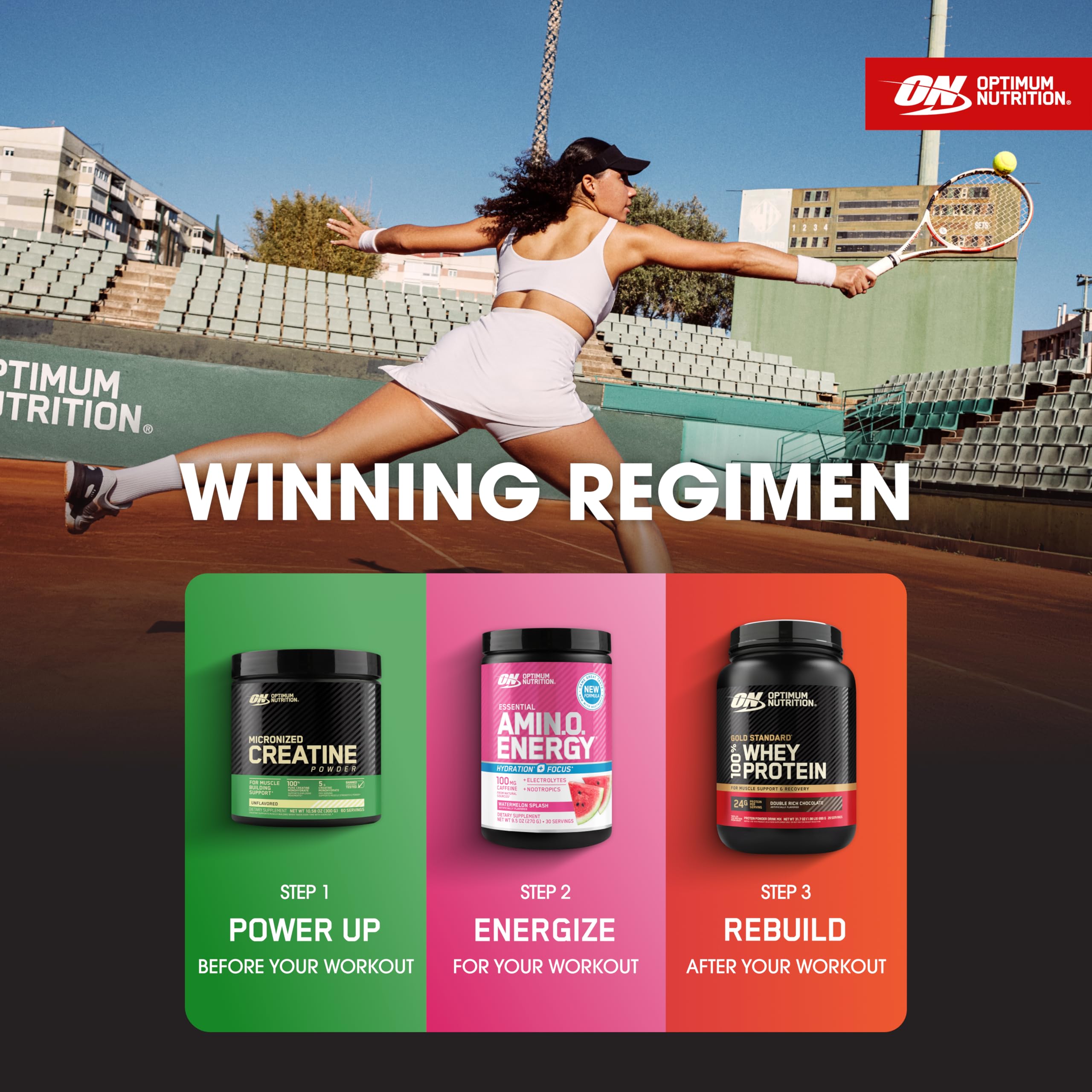 Clear Optimum Nutrition packaging and powder appearance for quality trust.