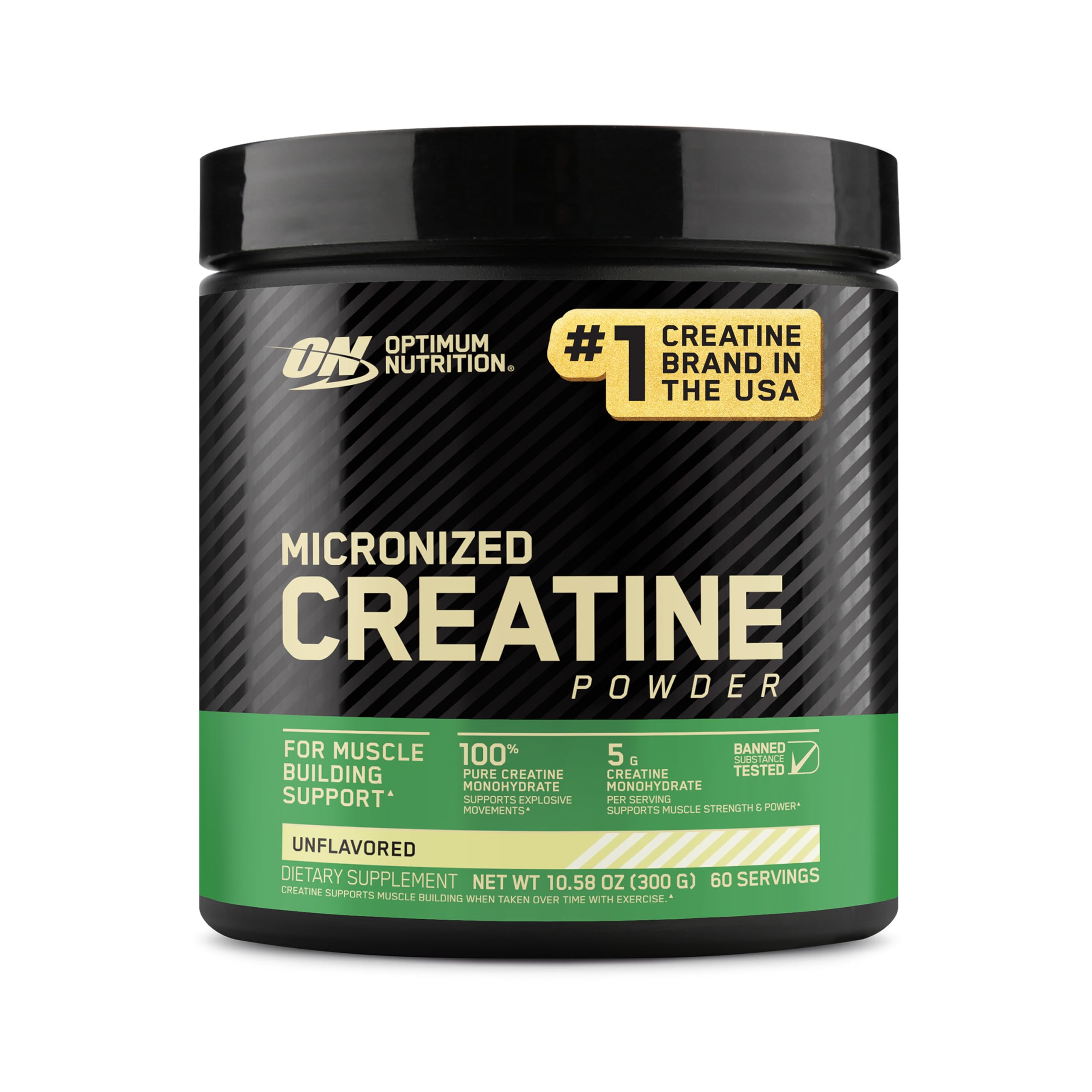 Optimum Nutrition creatine micronized powder in a jar for daily training support.