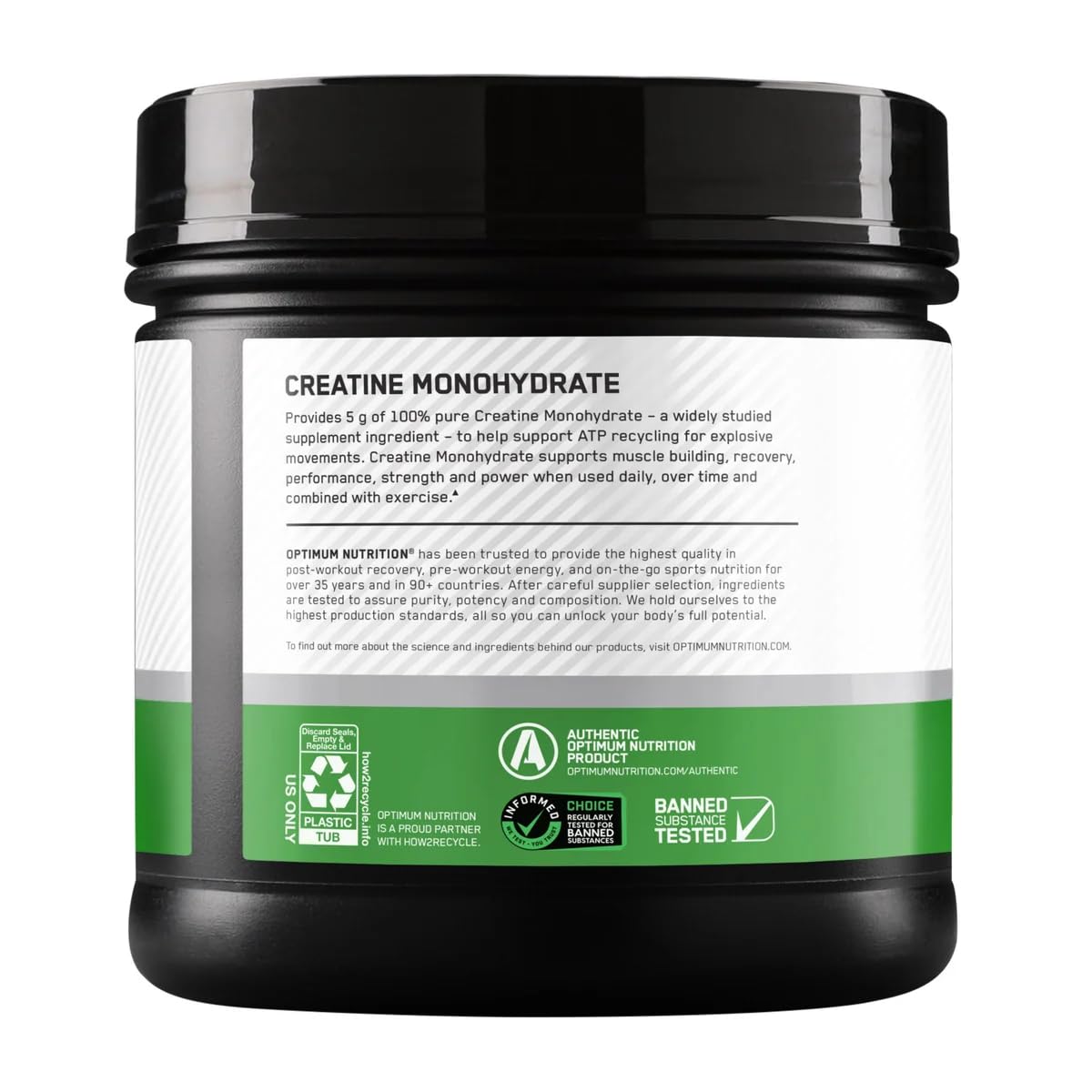 Optimum Nutrition Creatine tub on shelf highlighting performance support