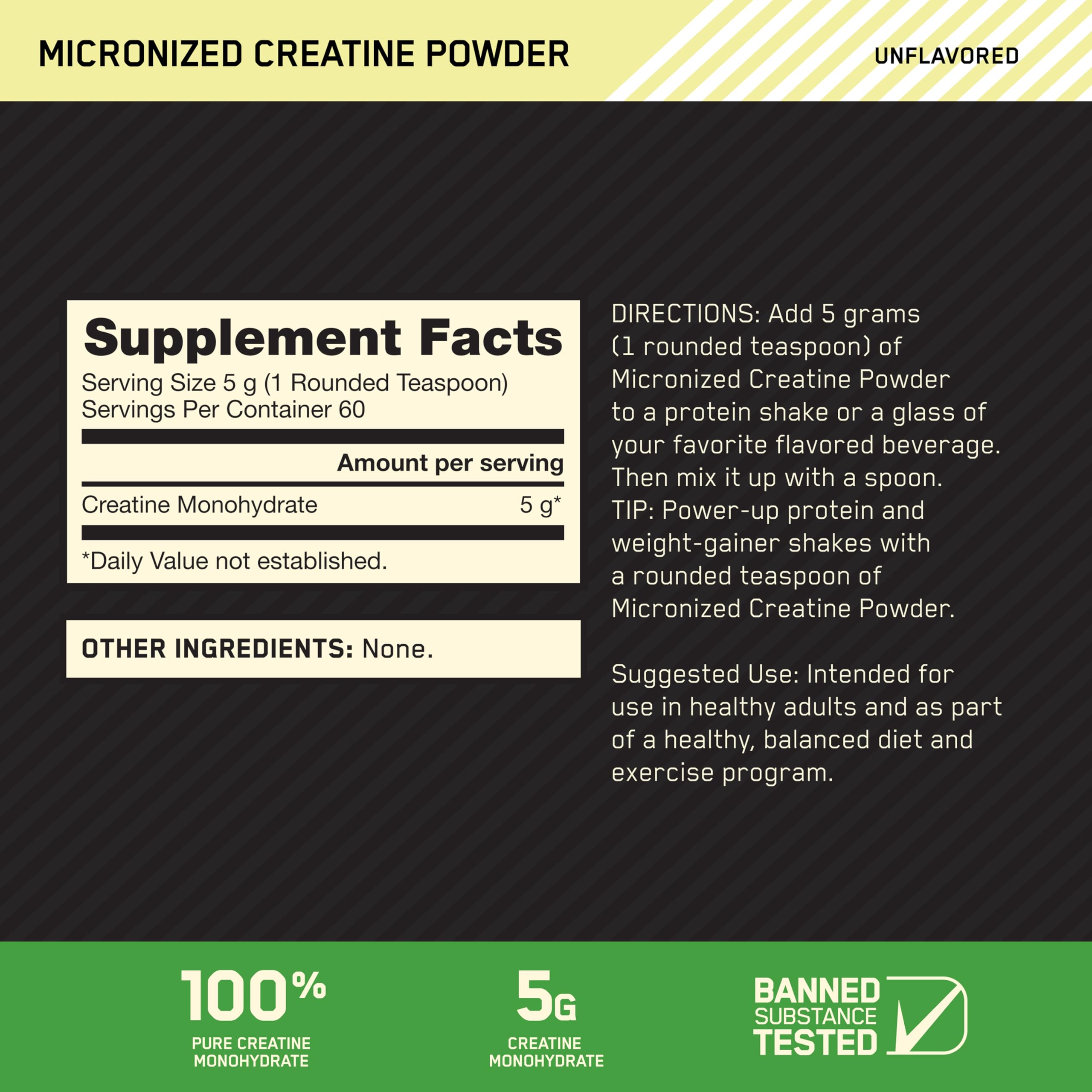 Optimum Nutrition label on creatine powder showcases quality and servings.