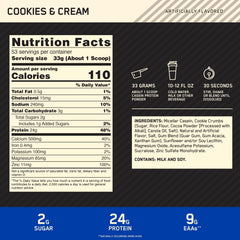 Optimum Nutrition Gold Standard Casein close-up highlighting 9 g essential amino acids per serving.
