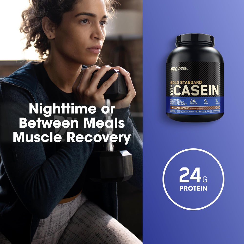 Optimum Nutrition Gold Standard Casein powder in glass for a bedtime beverage