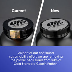 Scoop of Gold Standard casein powder beside a glass