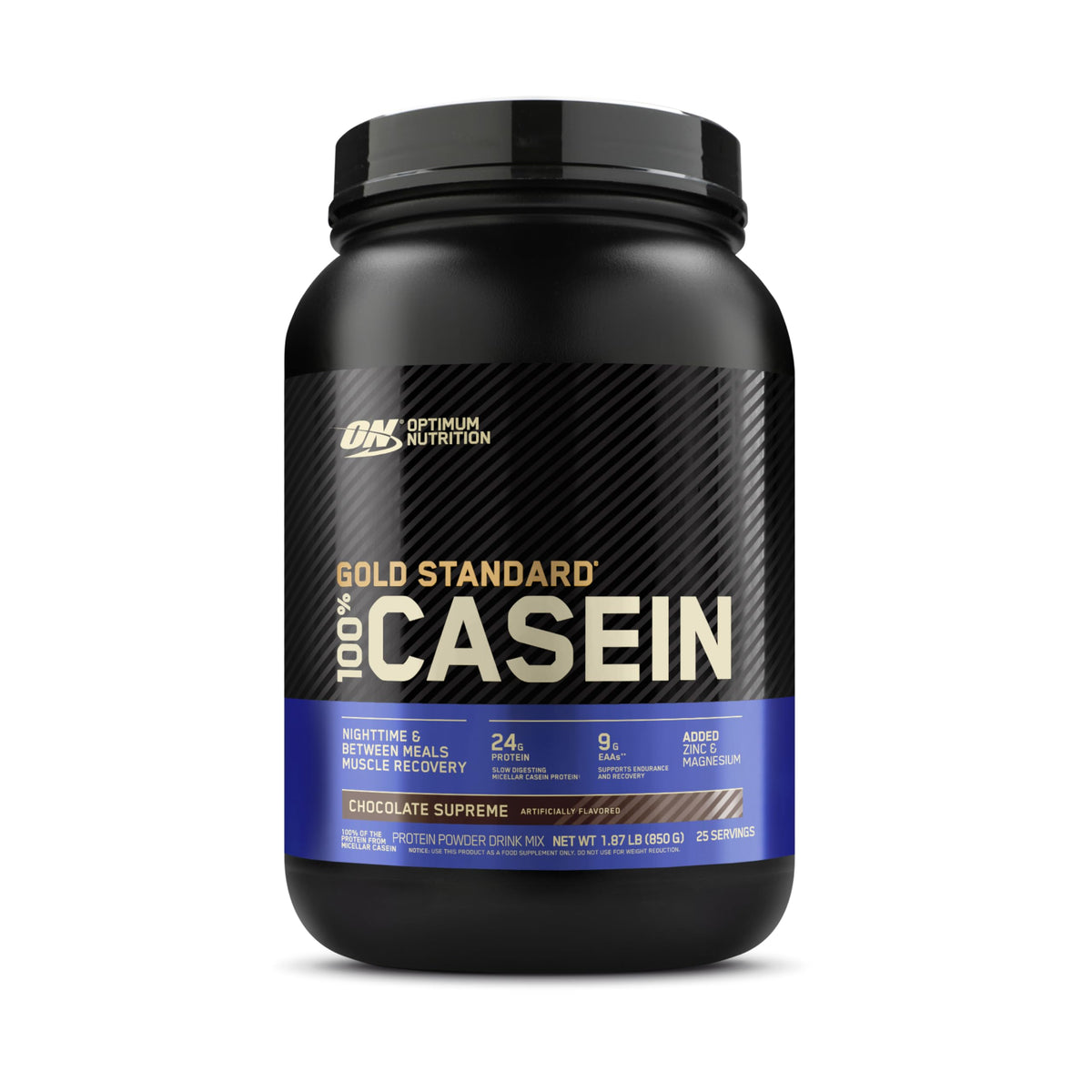 Optimum Nutrition Gold Standard micellar casein chocolate supreme container, slow digesting protein for overnight recovery.