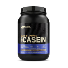Optimum Nutrition Gold Standard micellar casein chocolate supreme container, slow digesting protein for overnight recovery.