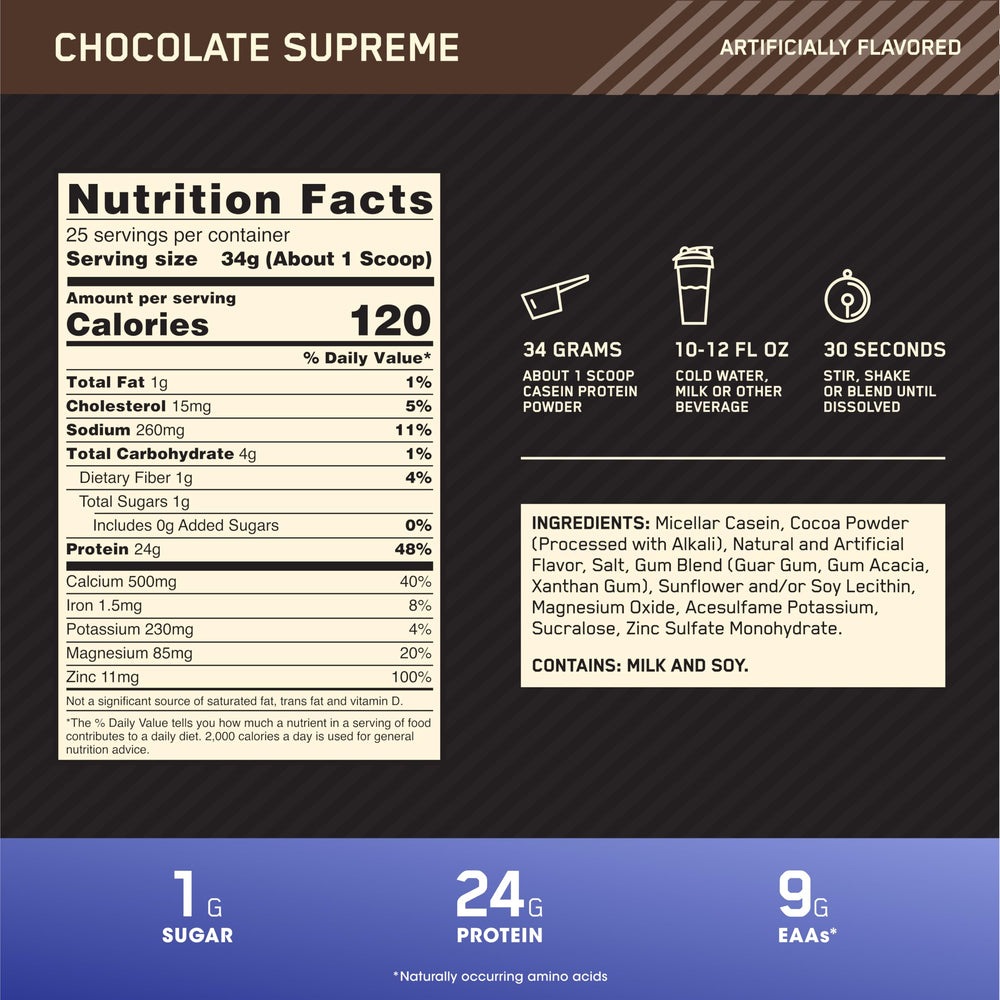 Optimum Nutrition Gold Standard micellar casein label with 24 g protein per serving.