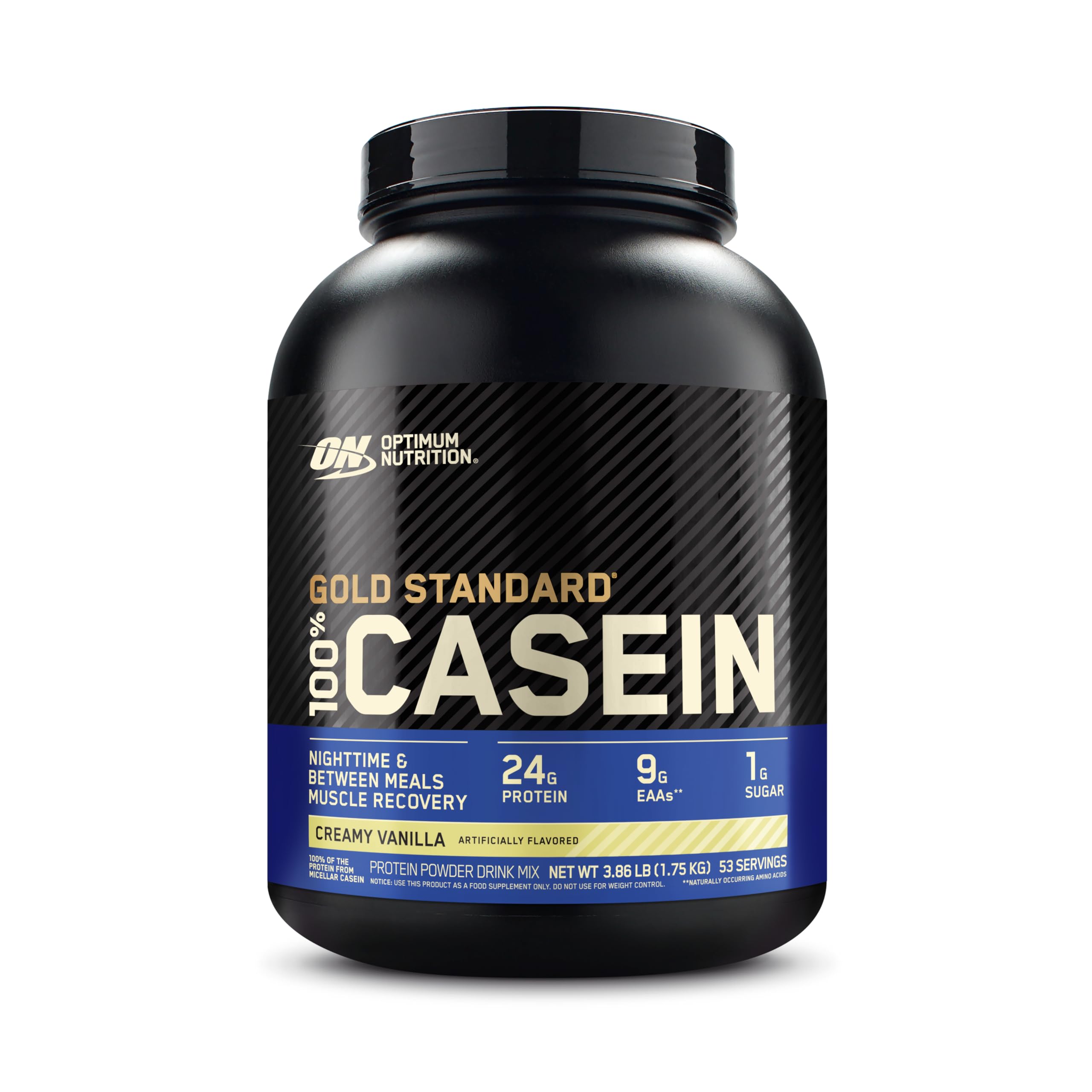 Optimum Nutrition Gold Standard micellar casein creamy vanilla container for slow overnight recovery