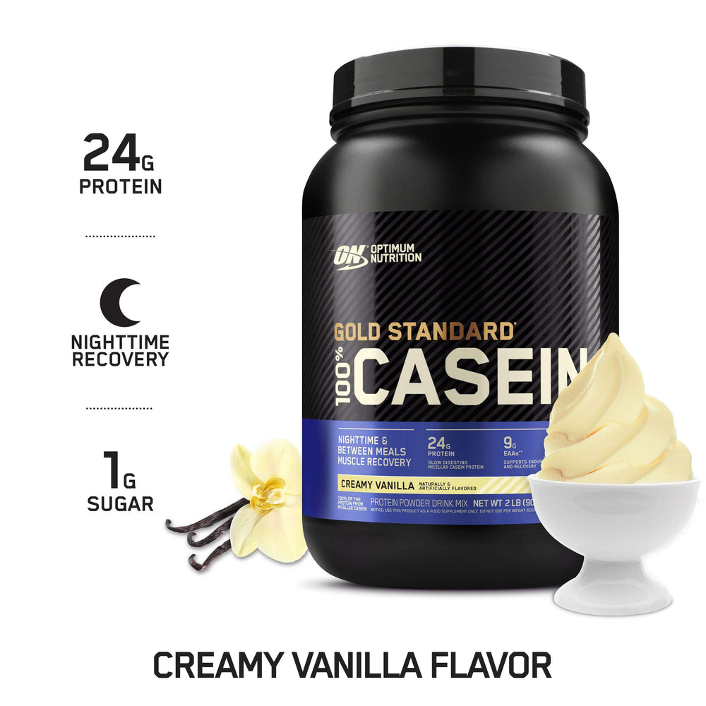 Close-up label shows protein details on Optimum Nutrition casein