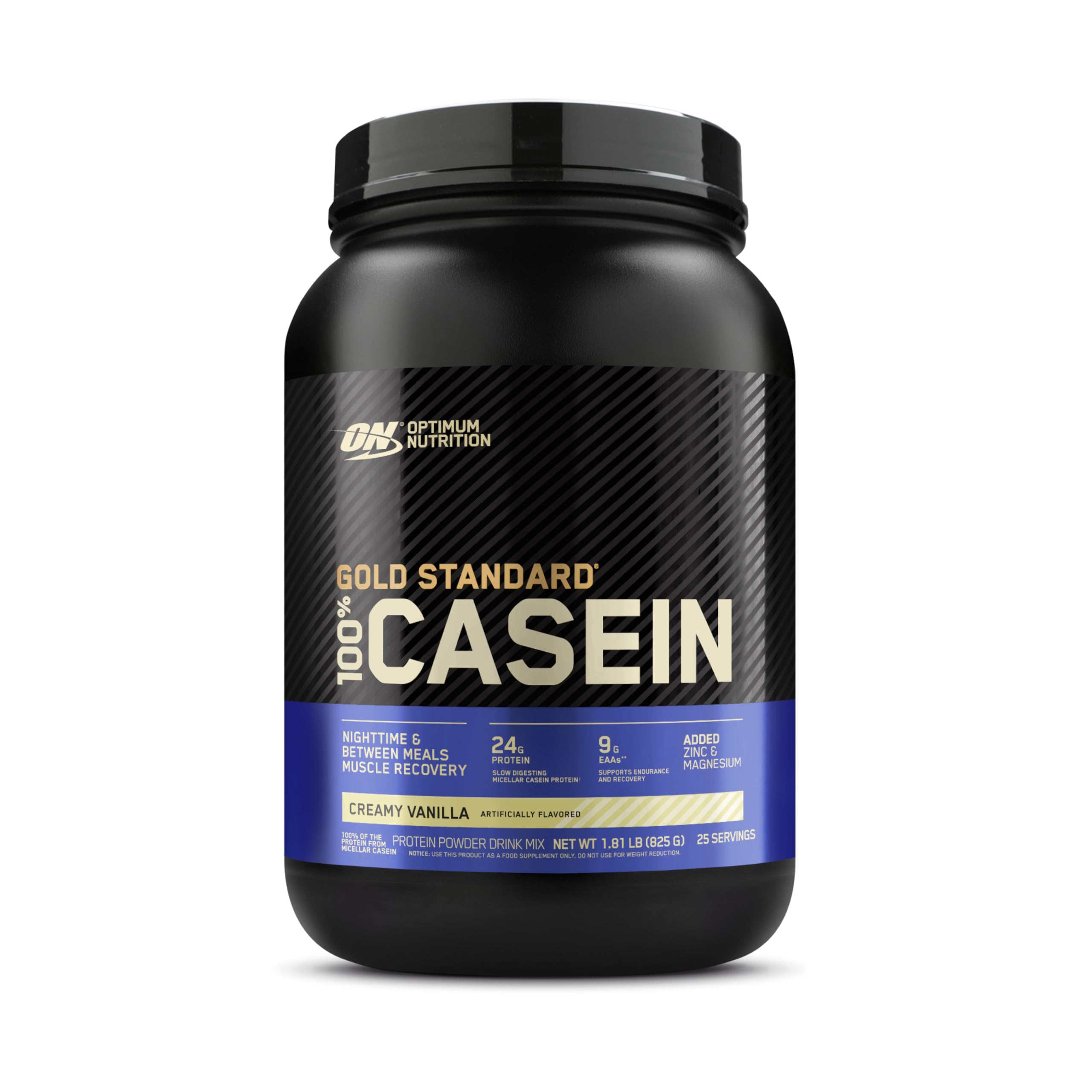 Optimum Nutrition Gold Standard micellar casein vanilla powder container for easy shakes