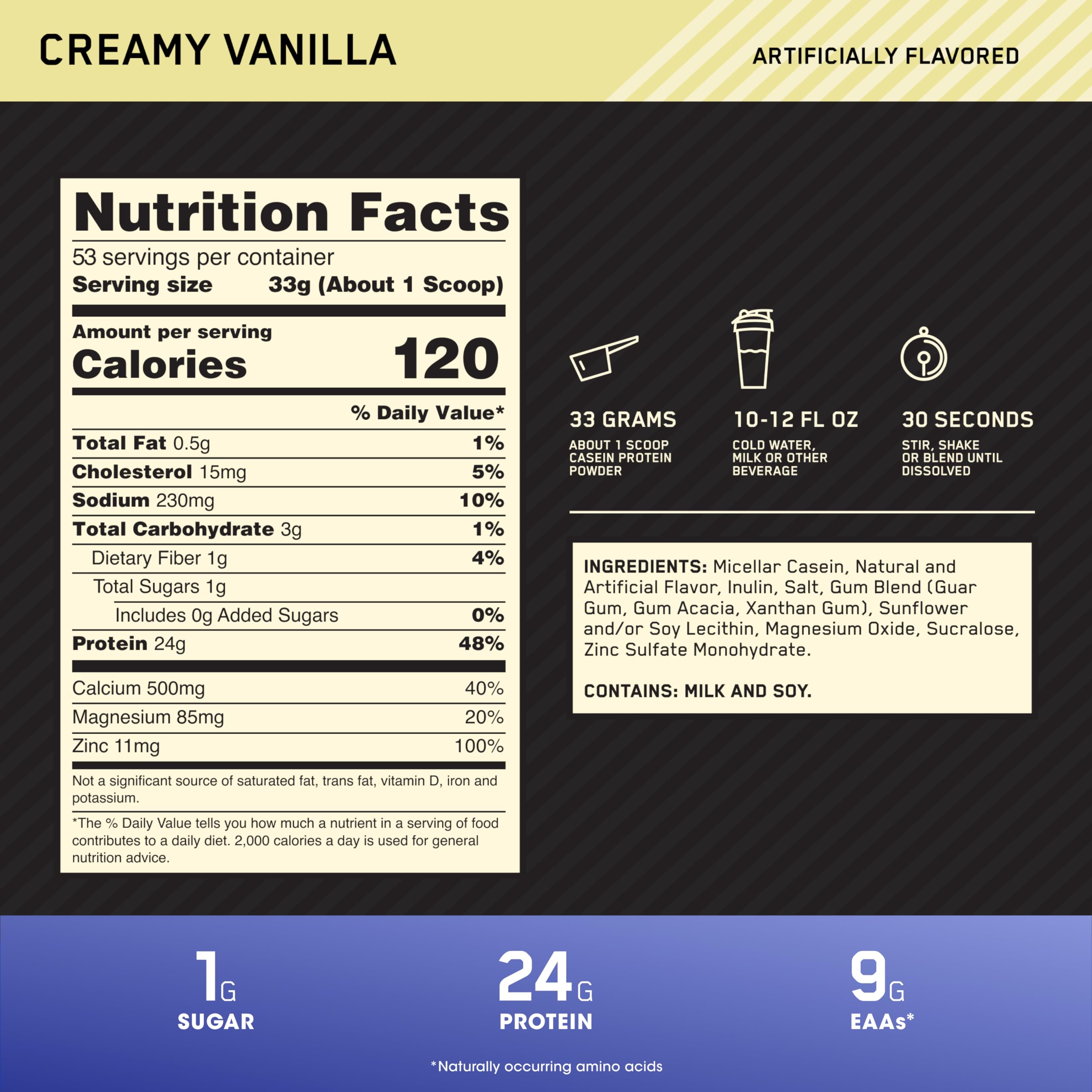 Micellar casein vanilla serving scoop showing portion control