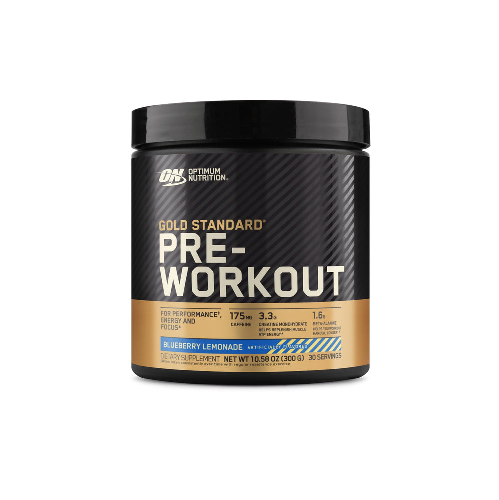 Optimum Nutrition Gold Standard Pre-Workout blue bottle ready for energized training