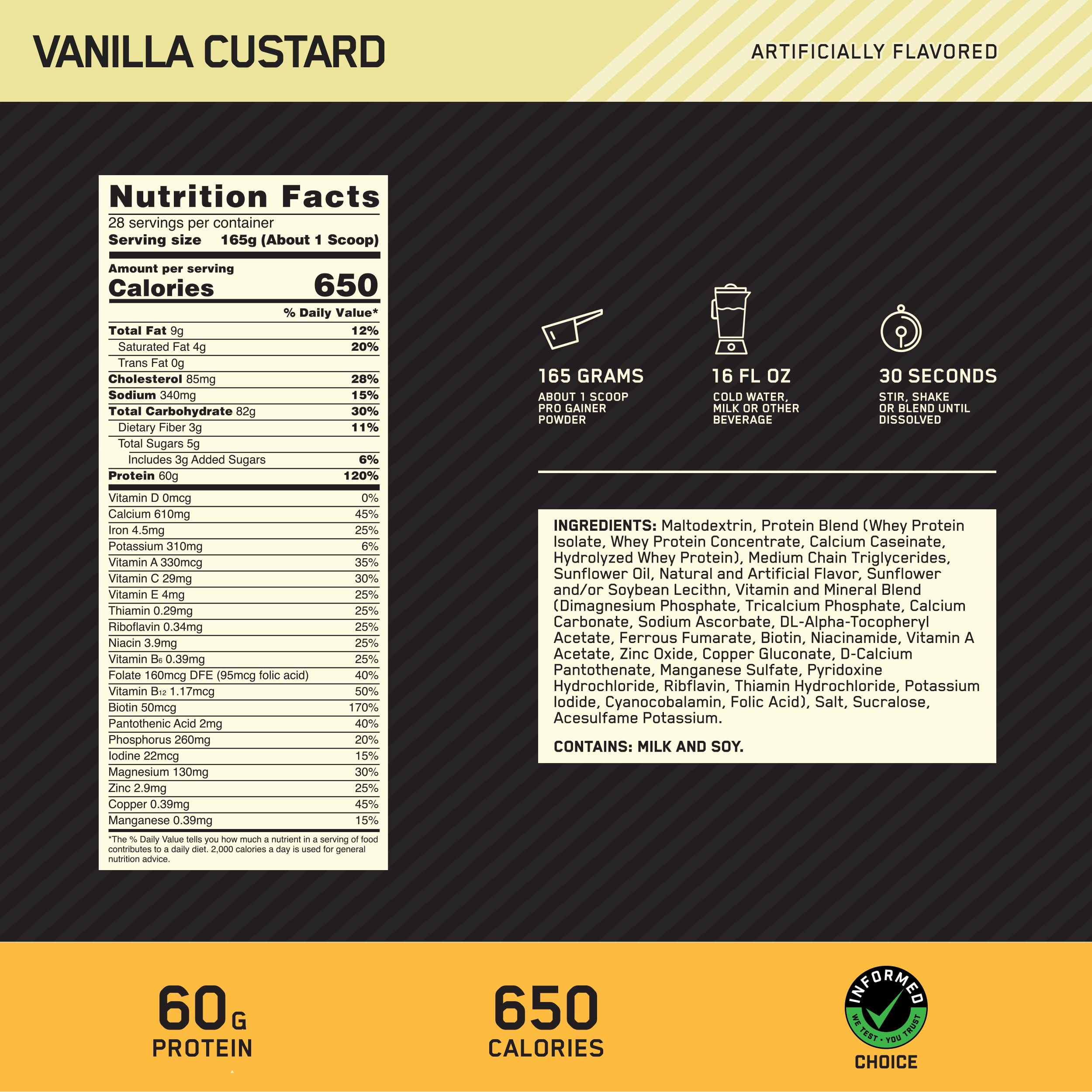 Optimum Nutrition Pro Gainer label close-up shows 60g protein per serving.