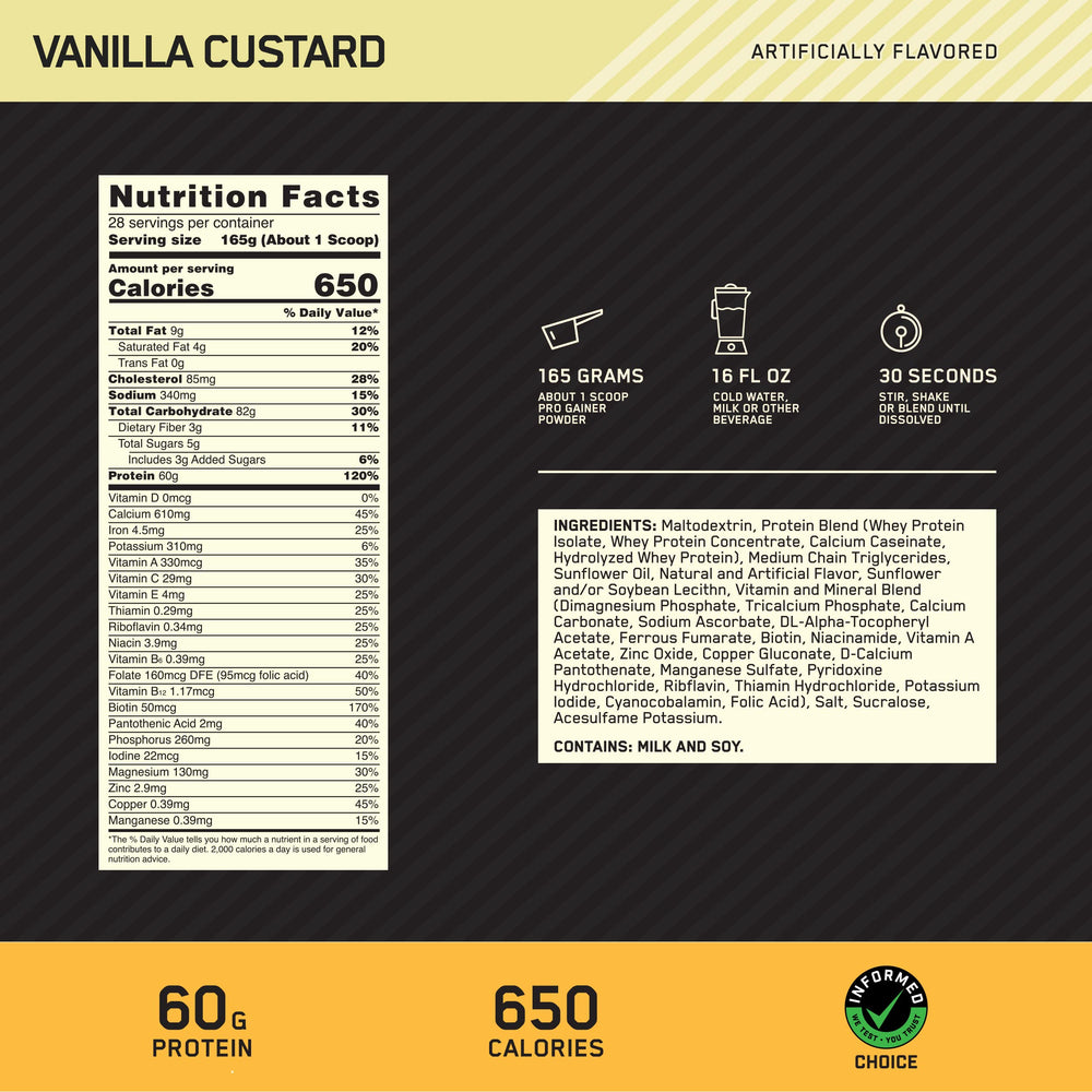 Optimum Nutrition Pro Gainer label close-up shows 60g protein per serving.