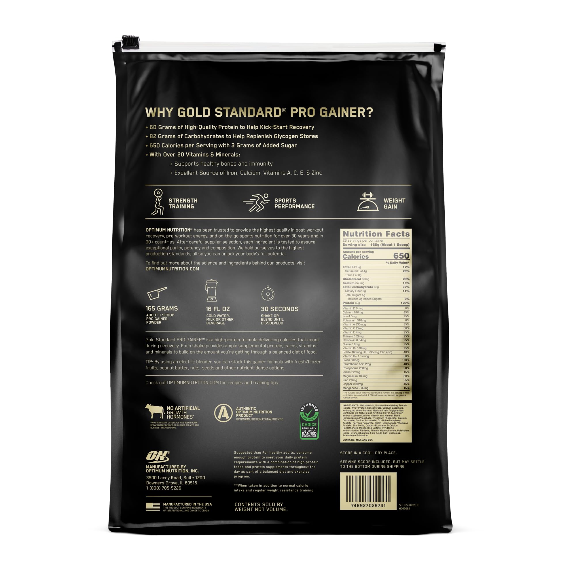 Optimum Nutrition Pro Gainer packaging variations shown.
