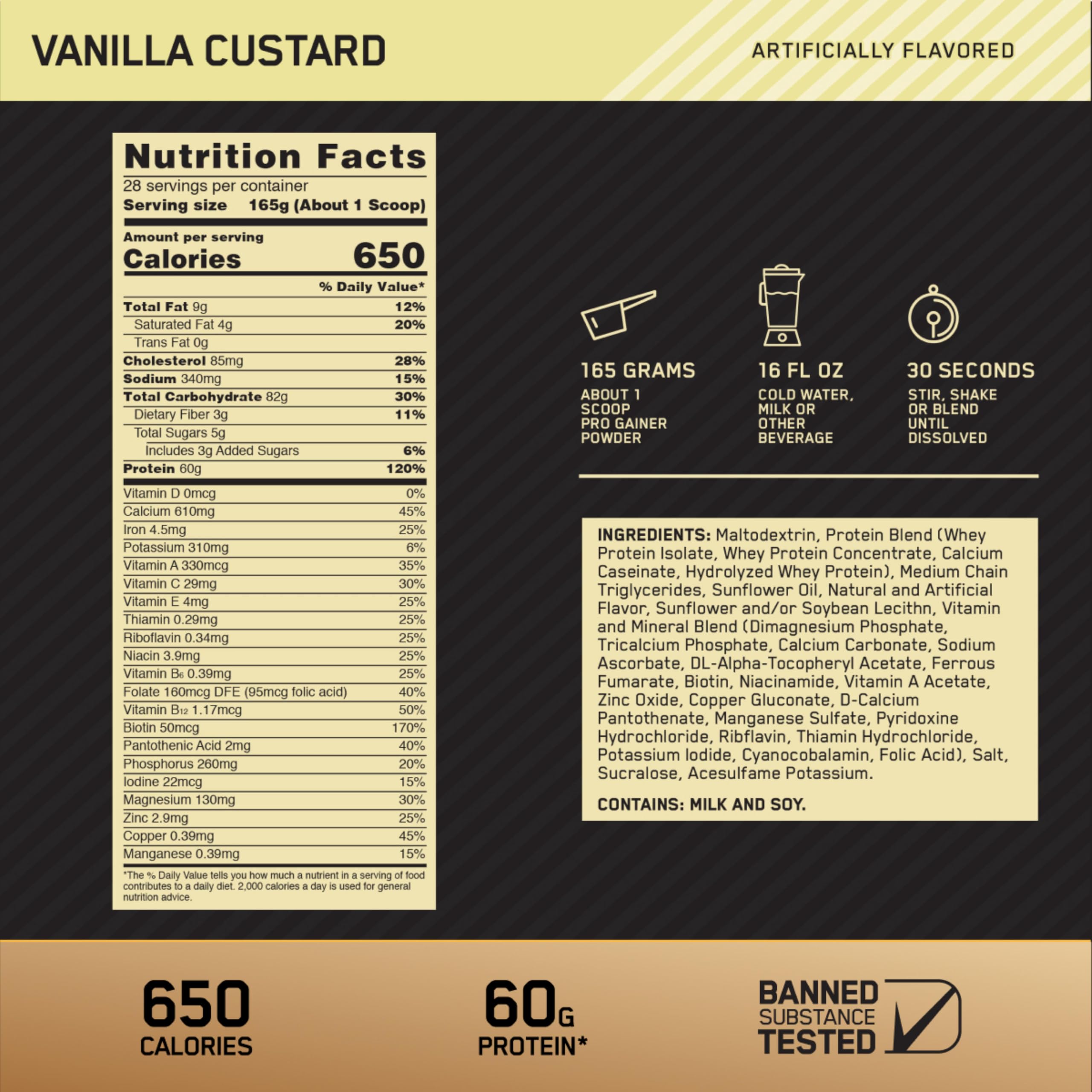 Vanilla Custard Pro Gainer shake in glass, creamy texture supports energy after training