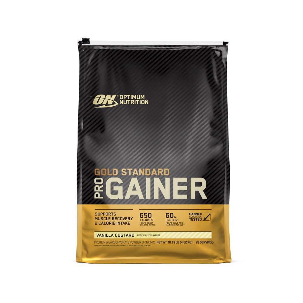 Optimum Nutrition Gold Standard Pro Gainer tub with Vanilla Custard for post-workout fueling.