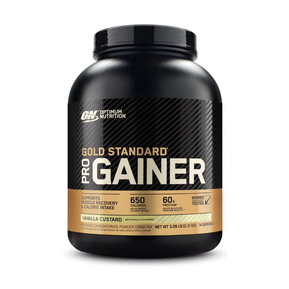 Optimum Nutrition Gold Standard Pro Gainer Vanilla Custard tub with creamy texture for post-workout fueling