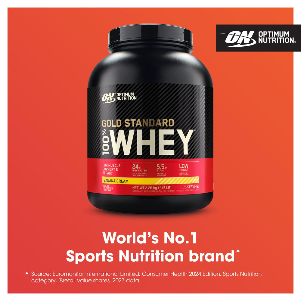 Optimum Nutrition Gold Standard Banana Cream whey powder in a mixer for quick shakes