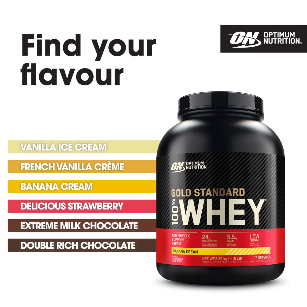 Banana Cream tub with serving scoop ready for post-workout