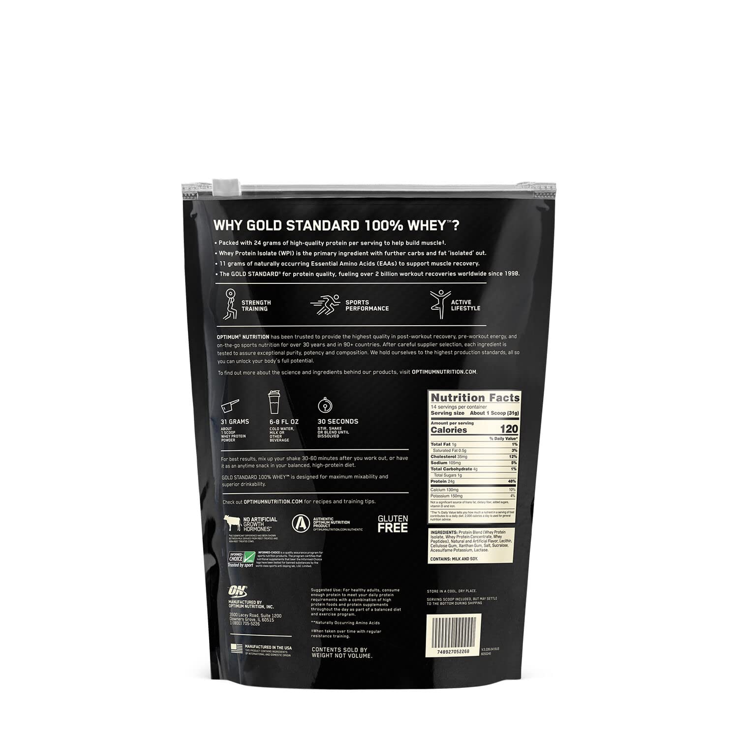 Optimum Nutrition Gold Standard whey Double Rich Chocolate powder scoop ready for quick shakes