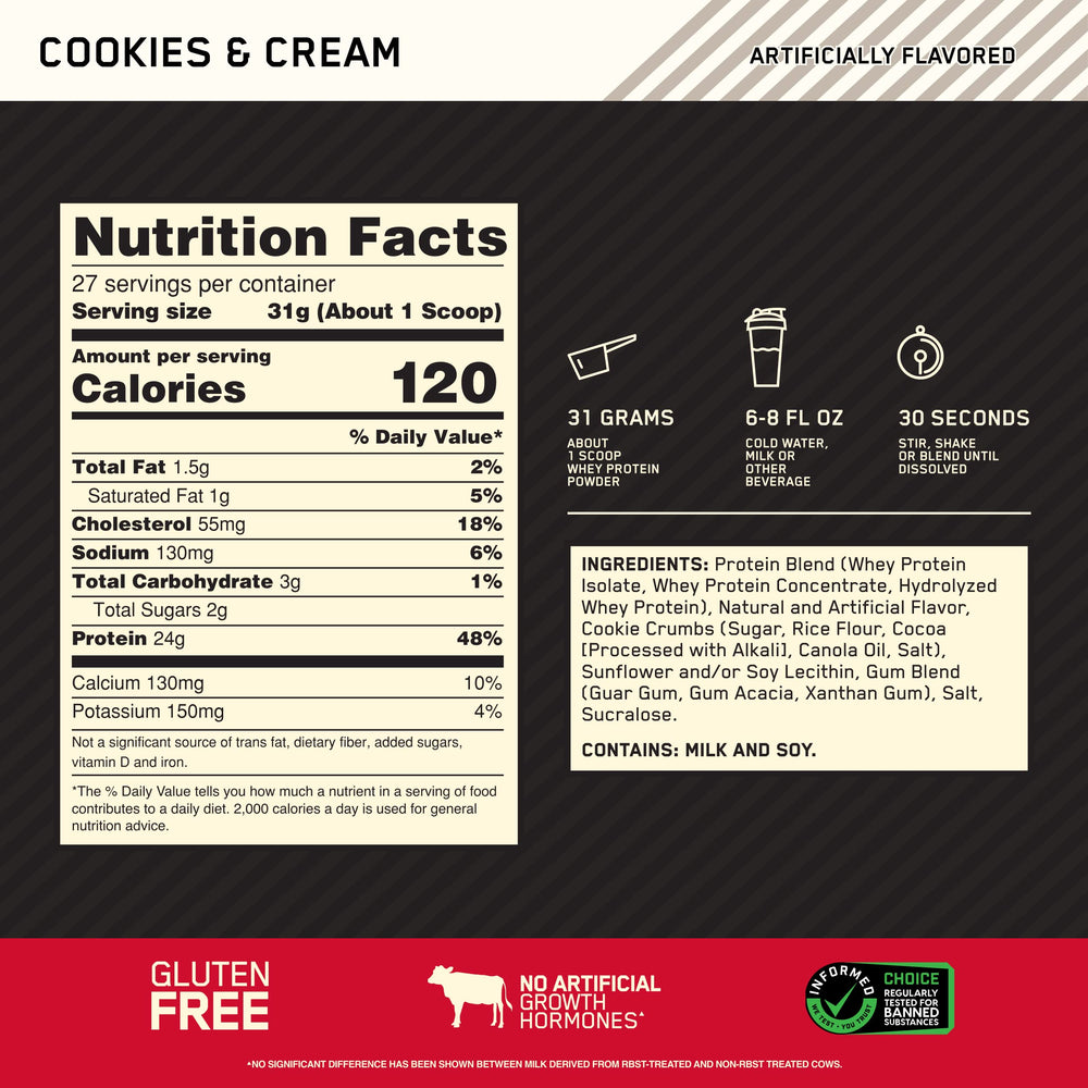 Optimum Nutrition Gold Standard whey powder scoop ready to mix.
