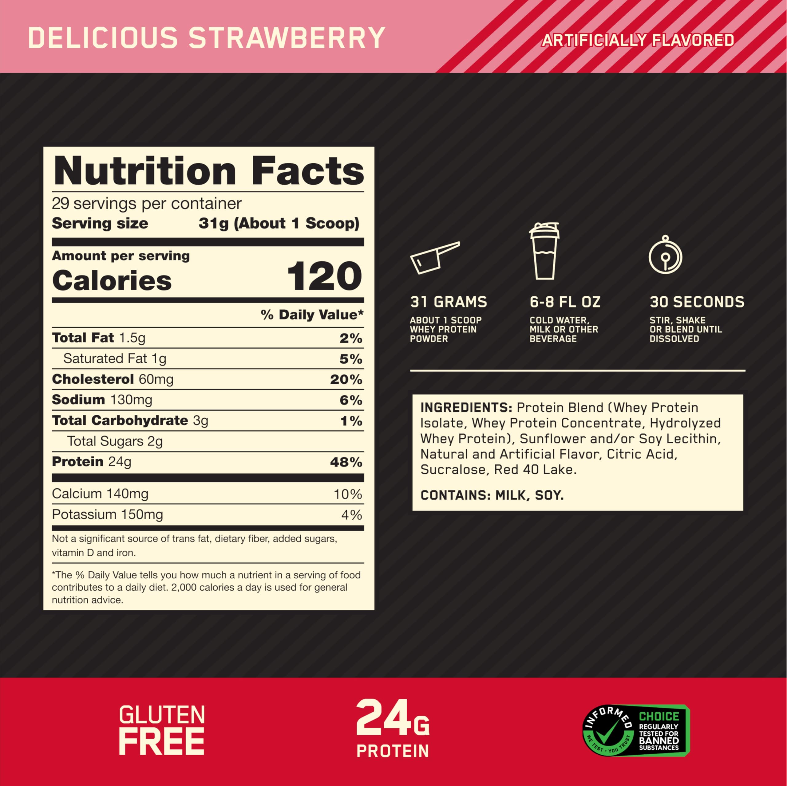 Pouring Optimum Nutrition Gold Standard Whey strawberry into glass