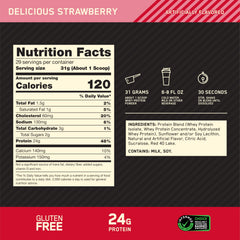 Pouring Optimum Nutrition Gold Standard Whey strawberry into glass