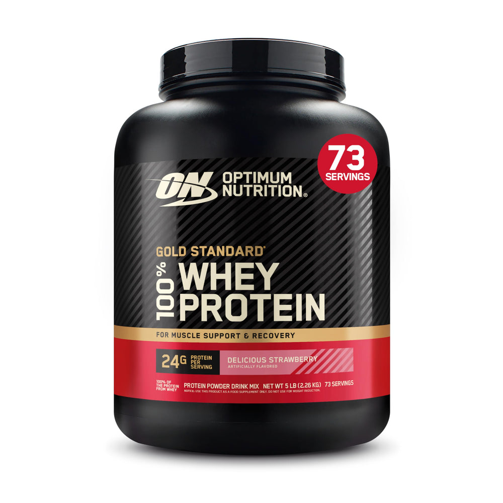 Optimum Nutrition Gold Standard whey strawberry tub ready for post-workout fueling.