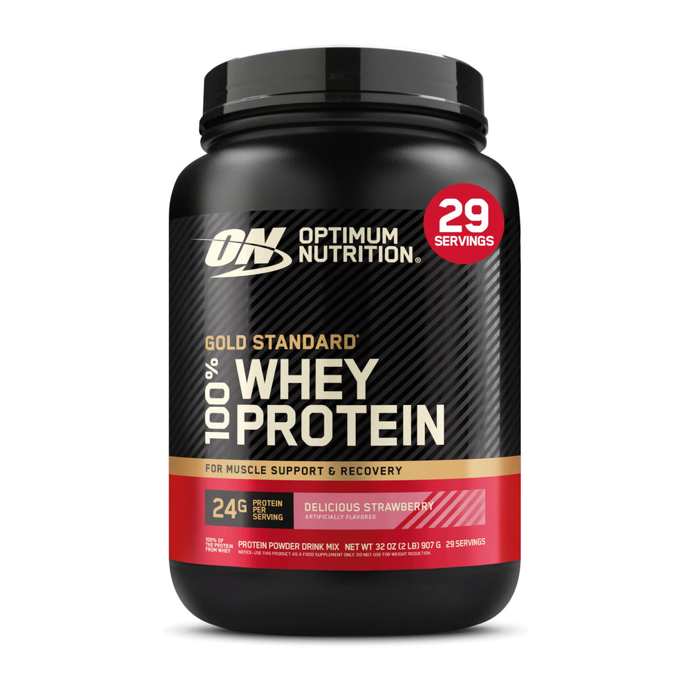 Optimum Nutrition Gold Standard Whey strawberry tub shows premium protein option