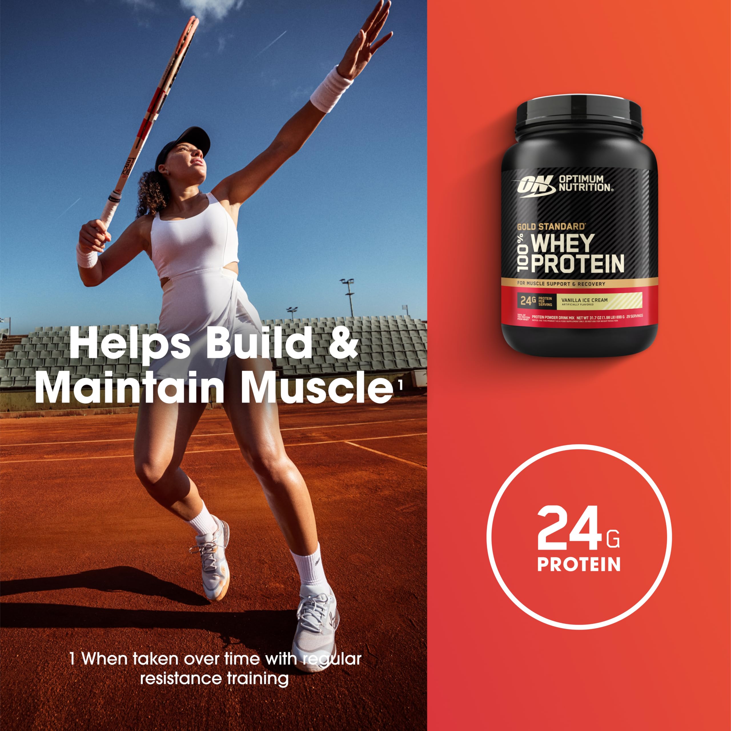 Gold Standard whey tub label close-up with nutrition details