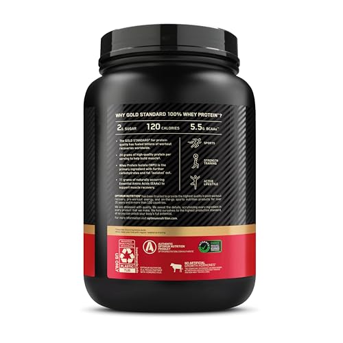 Gold Standard Whey strawberry tub on gym counter for everyday fueling