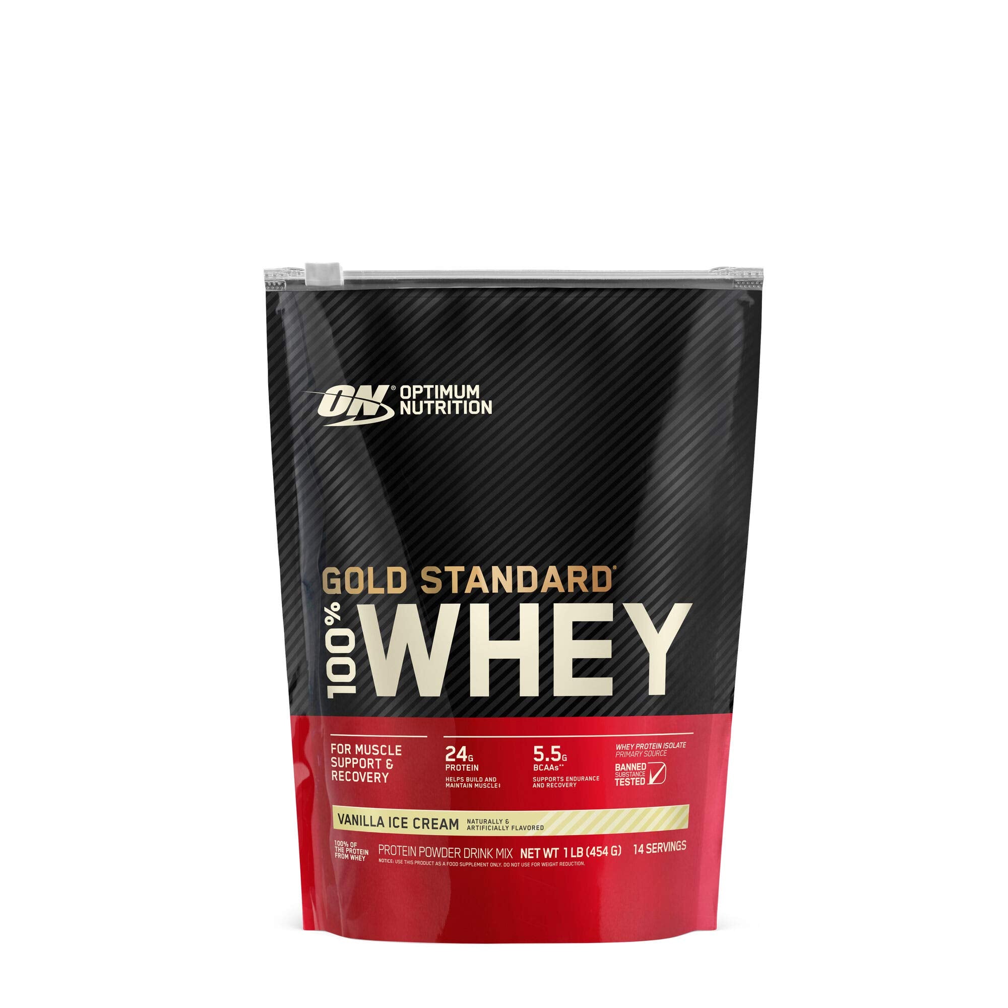 Optimum Nutrition Gold Standard Whey Vanilla Ice Cream bottle for convenient recovery
