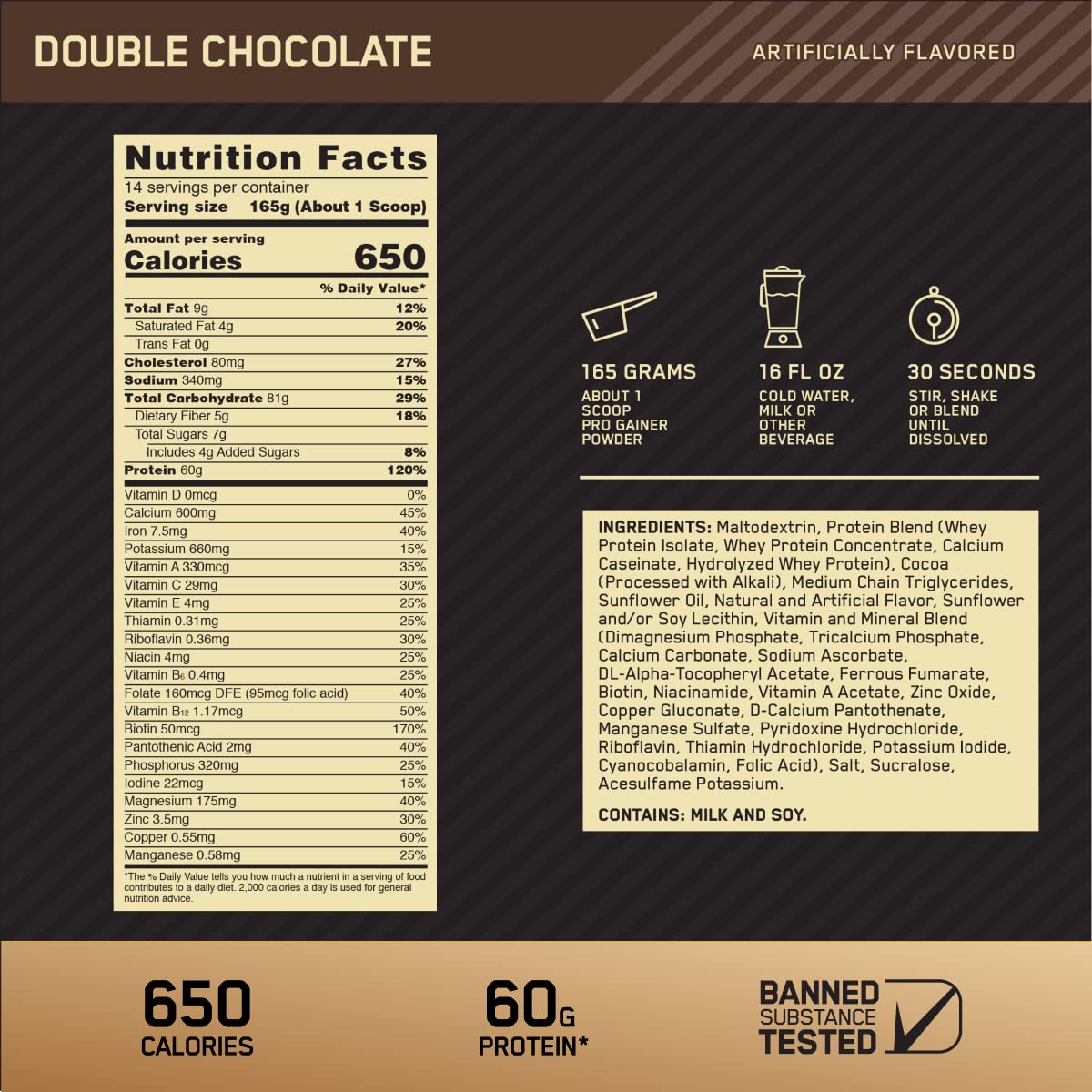 Optimum Nutrition GS Pro Gainer chocolate shake pour showing creamy texture