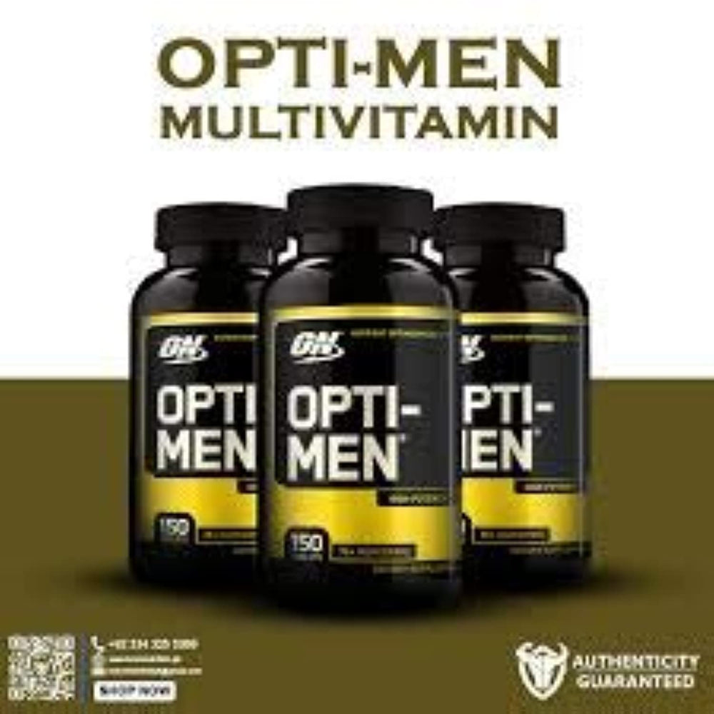 Optimum Nutrition Opti-Men bottle demonstrates dosing with three meals for daily use.