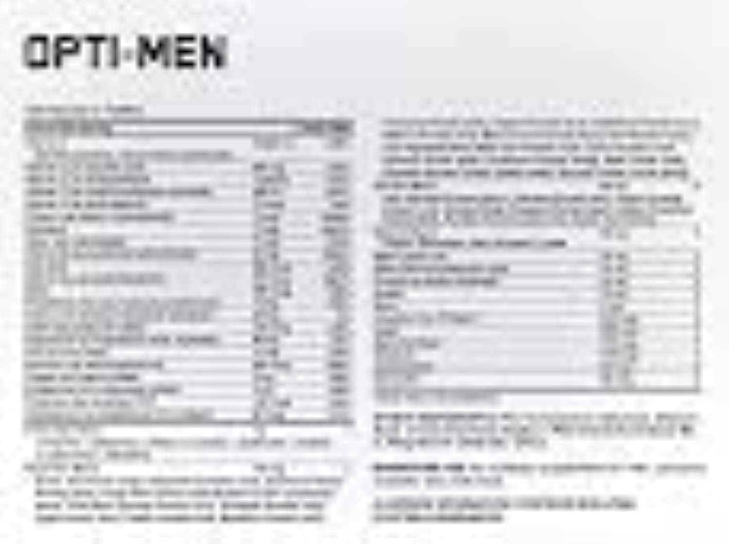 Optimum Nutrition Opti-Men label closeup highlighting vitamin D and essential nutrients.