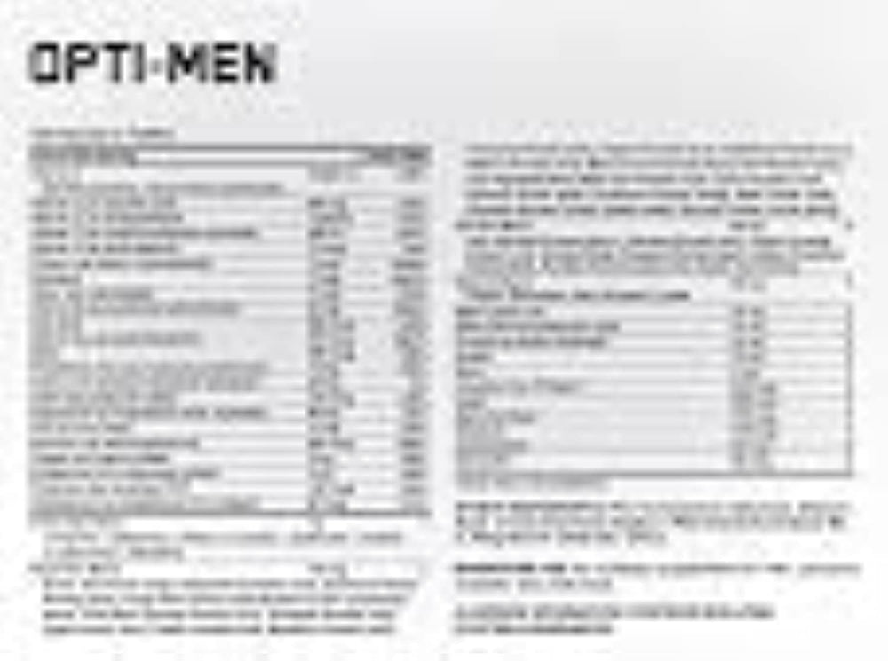 Optimum Nutrition Opti-Men label closeup highlighting vitamin D and essential nutrients.