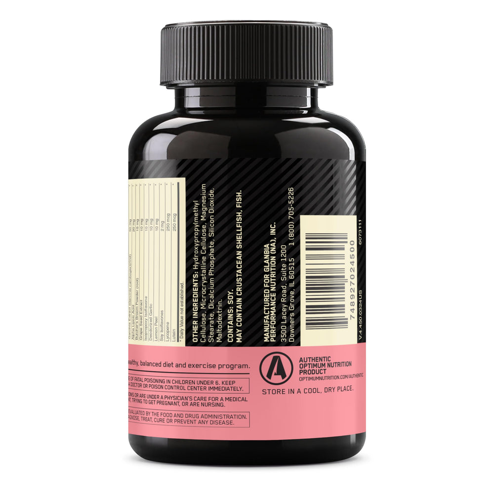 Opti-Women bottle with nutrition panel showing 23 vitamins and minerals.