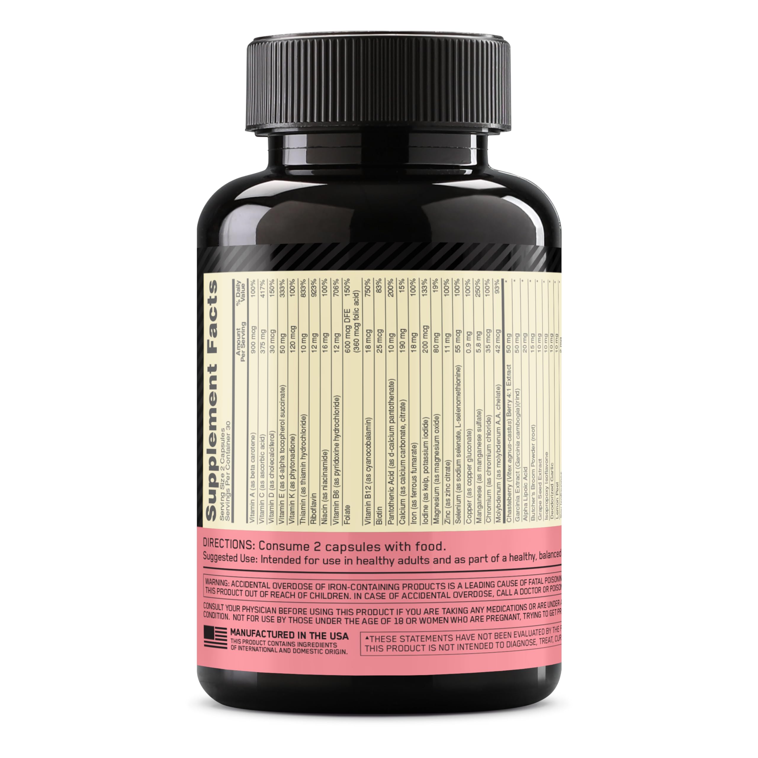 Bright label detail on Opti-Women highlighting essential vitamins.