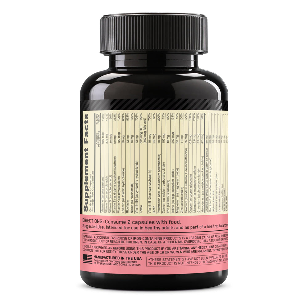 Bright label detail on Opti-Women highlighting essential vitamins.