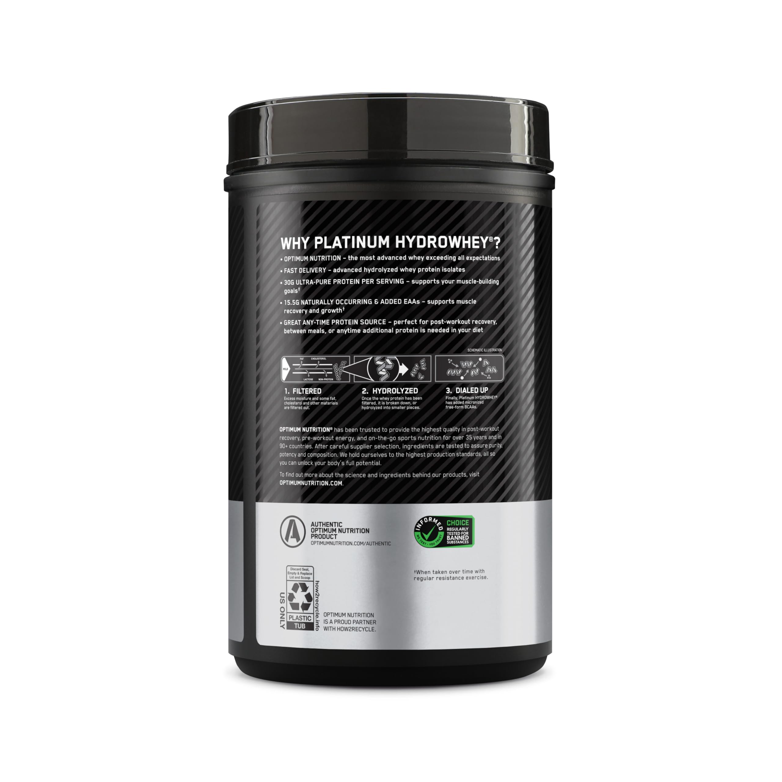 Ingredients panel showing hydrolyzed whey isolates and BCAAs
