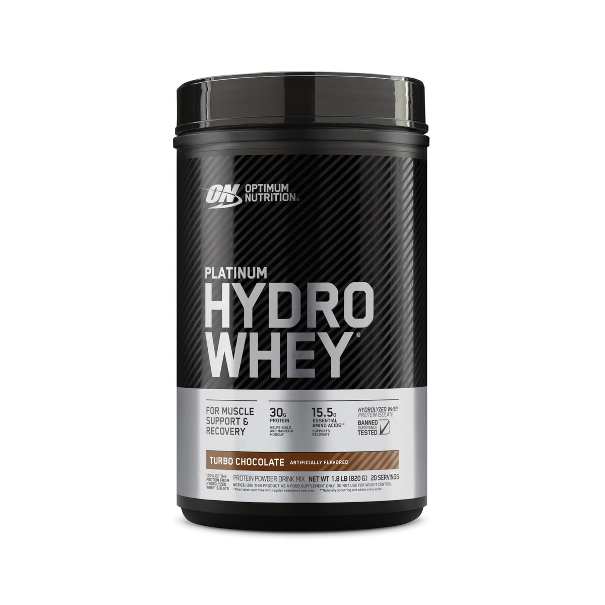Optimum Nutrition Platinum Hydrowhey Turbo Chocolate tub highlighting ultra-pure whey for fast absorption