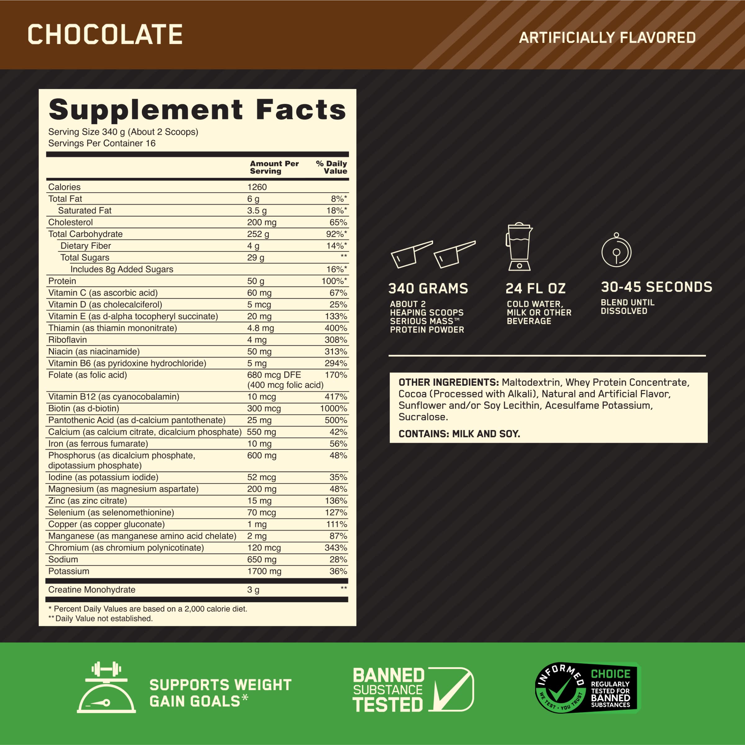 Optimum Nutrition Serious Mass 2-scoop serve emphasizes calories per portion