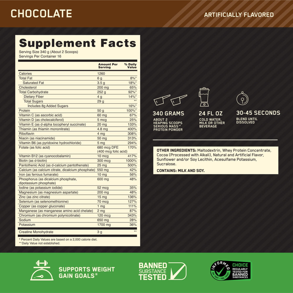 Optimum Nutrition Serious Mass 2-scoop serve emphasizes calories per portion