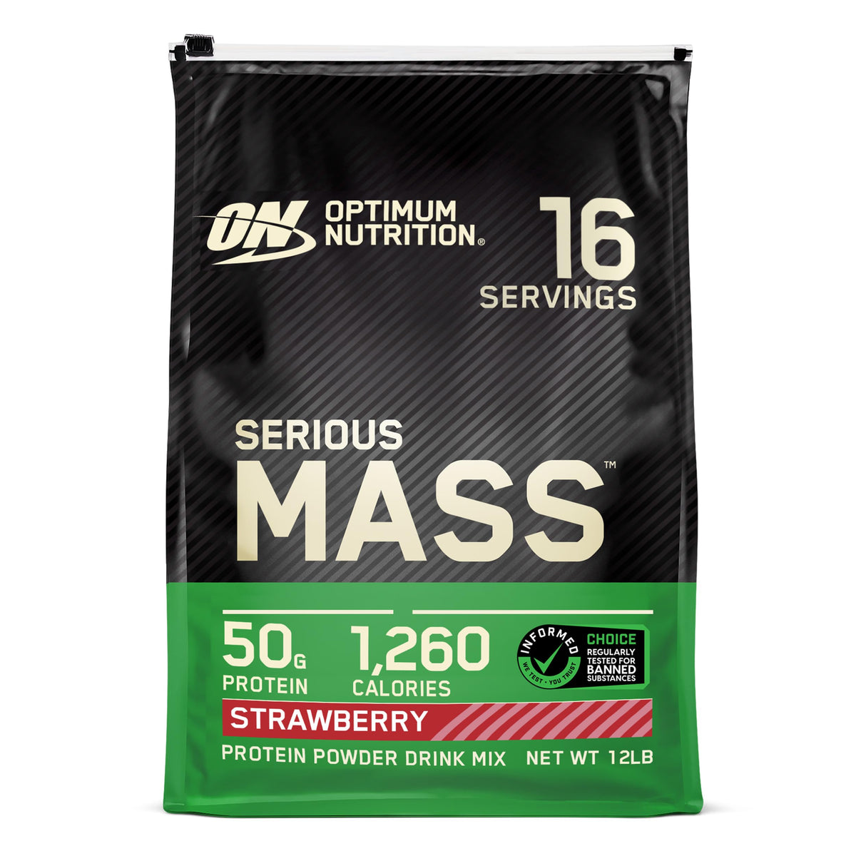 Optimum Nutrition Serious Mass bottle shows high-calorie mass gainer for workouts.