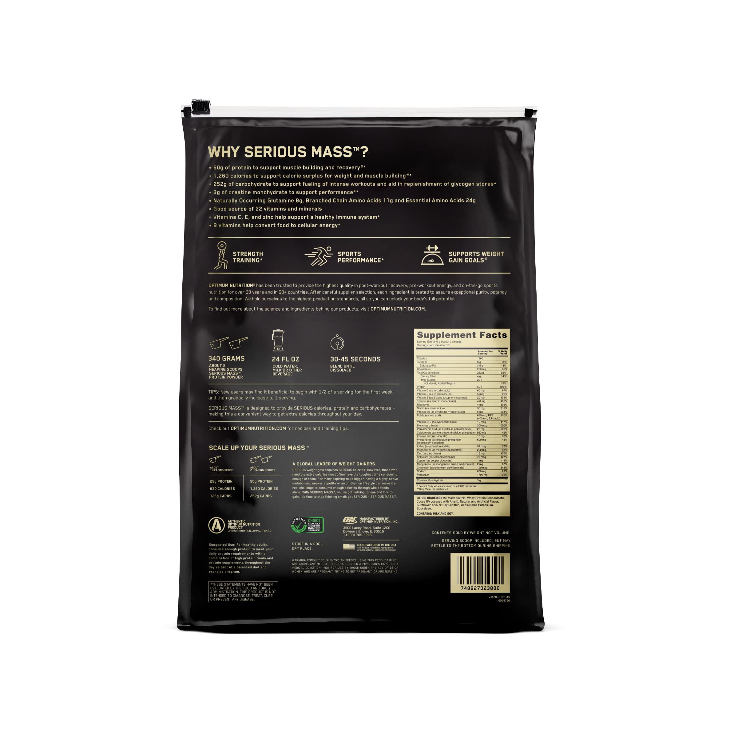 Optimum Nutrition Serious Mass nutrition facts label supports informed choices