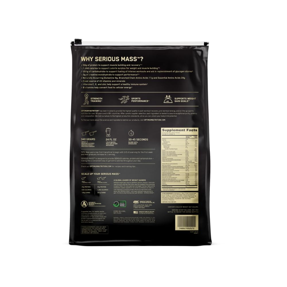 Optimum Nutrition Serious Mass packaging on shelf for easy purchase