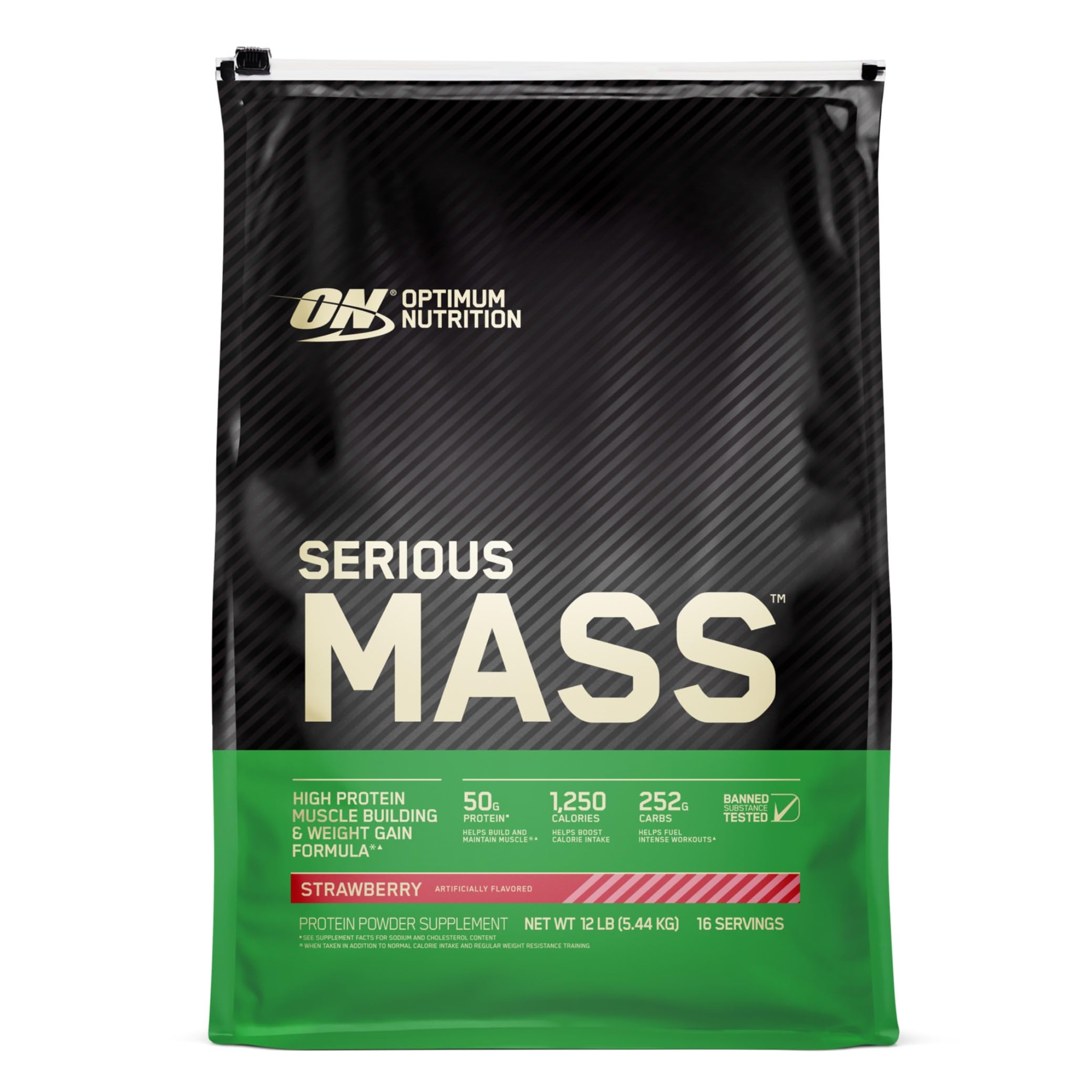 Optimum Nutrition Serious Mass strawberry powder container on a shelf, ready for a calorie-rich shake.