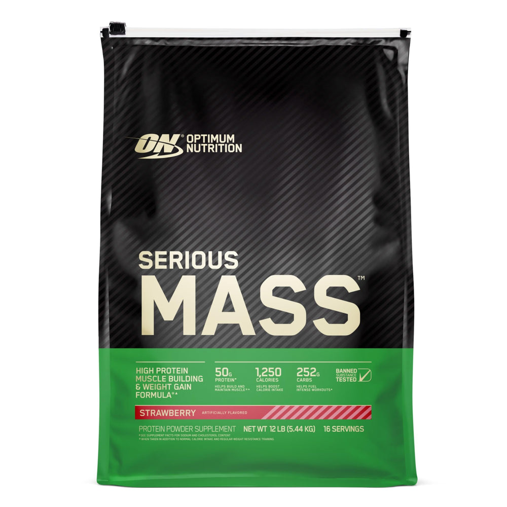 Optimum Nutrition Serious Mass strawberry powder container on a shelf, ready for a calorie-rich shake.