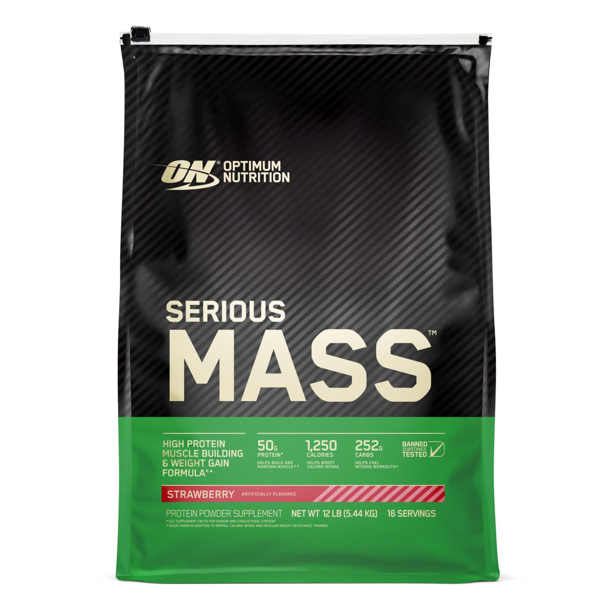 Optimum Nutrition Serious Mass strawberry powder container on a shelf, ready for a calorie-rich shake.